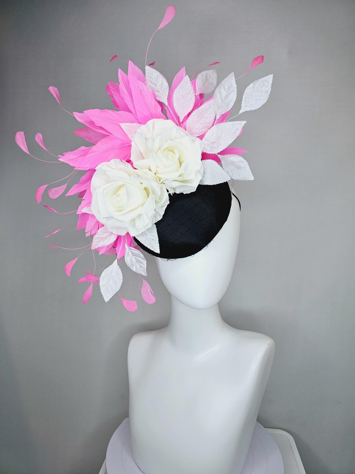 kentucky derby hat fascinator black satin with netting, white ivory satin silk rose flowers, white leaves, blush pink branching feathers