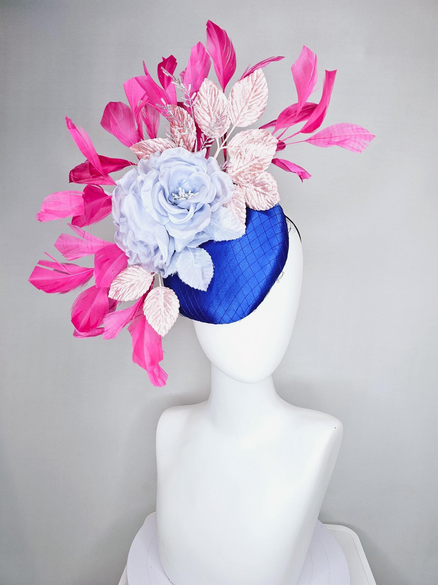 kentucky derby hat fascinator cobalt blue satin with netting,light sky blue satin silk rose flower,light pink leaves,pink branching feathers