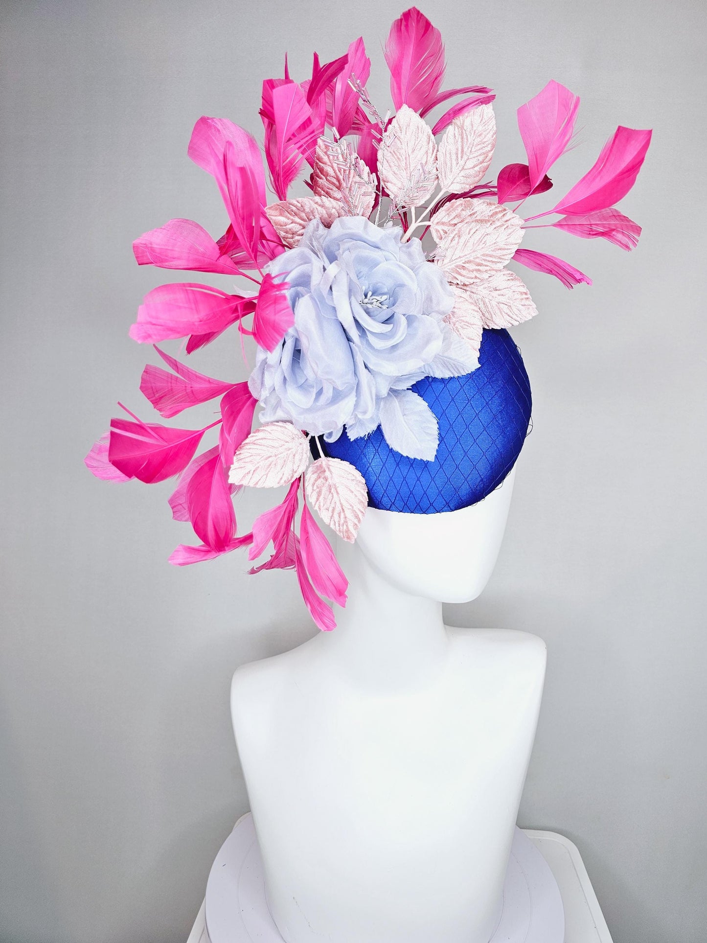 kentucky derby hat fascinator cobalt blue satin with netting,light sky blue satin silk rose flower,light pink leaves,pink branching feathers