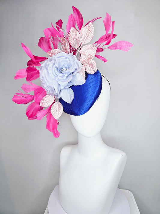 kentucky derby hat fascinator cobalt blue satin with netting,light sky blue satin silk rose flower,light pink leaves,pink branching feathers