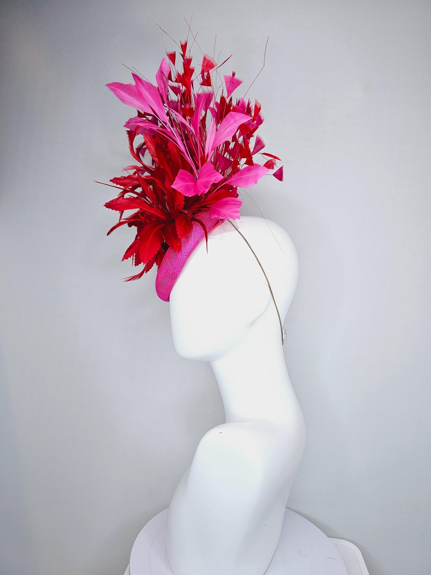 kentucky derby hat fascinator pink sinamay with fluffy zigzag scarlet red and pink branching feathers