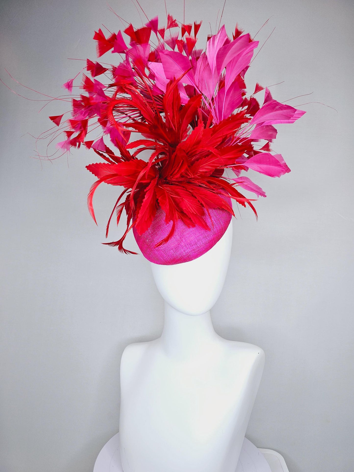 kentucky derby hat fascinator pink sinamay with fluffy zigzag scarlet red and pink branching feathers