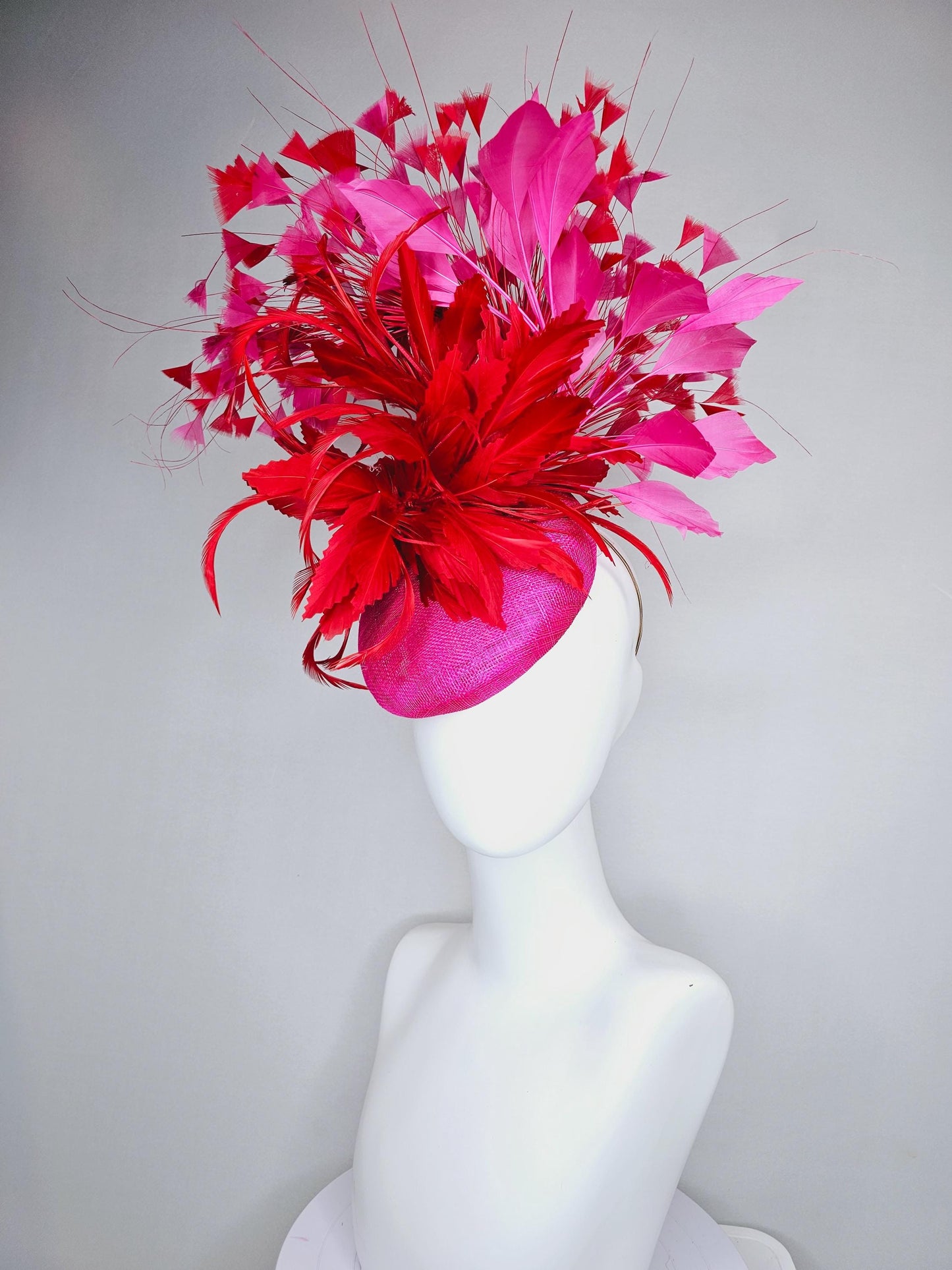 kentucky derby hat fascinator pink sinamay with fluffy zigzag scarlet red and pink branching feathers