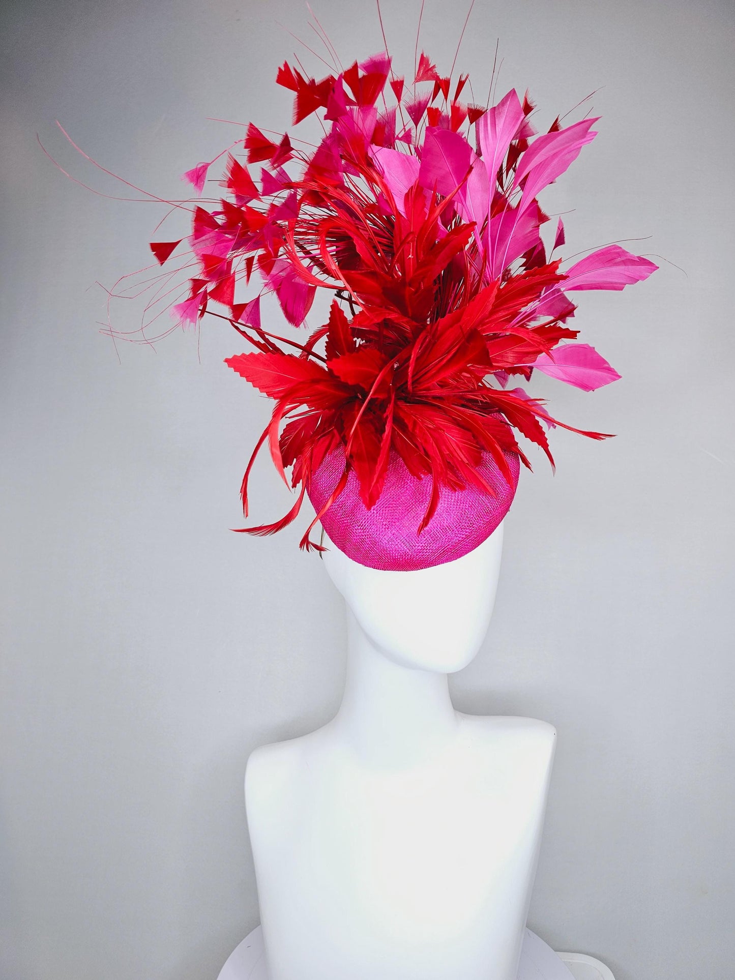 kentucky derby hat fascinator pink sinamay with fluffy zigzag scarlet red and pink branching feathers