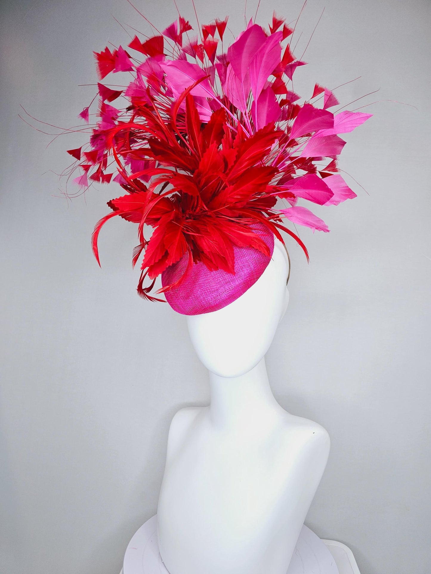 kentucky derby hat fascinator pink sinamay with fluffy zigzag scarlet red and pink branching feathers