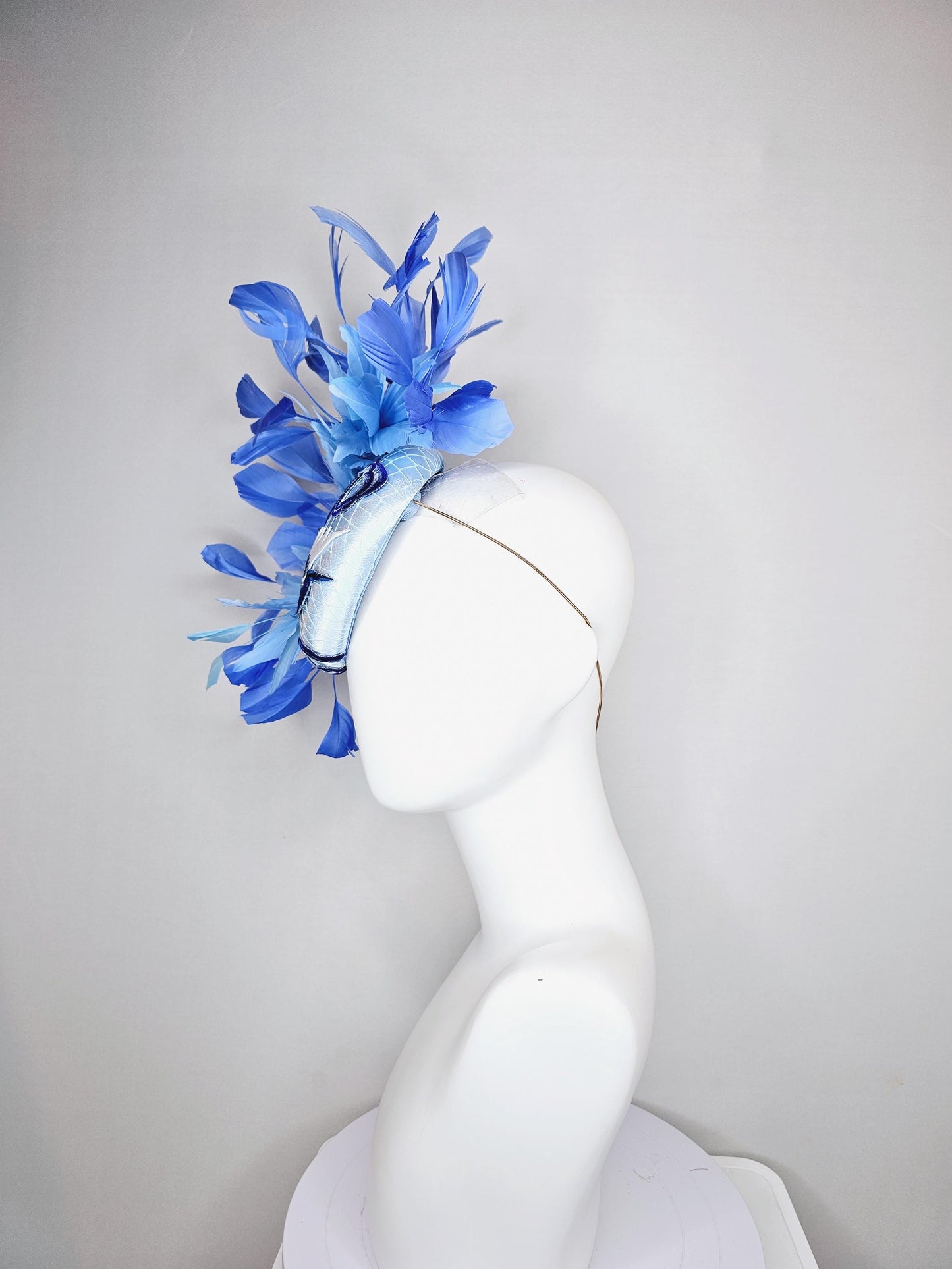 kentucky derby hat fascinator light blue satin with netting embroidered white blue birds, sky blue royal blue cobalt blue branching feathers