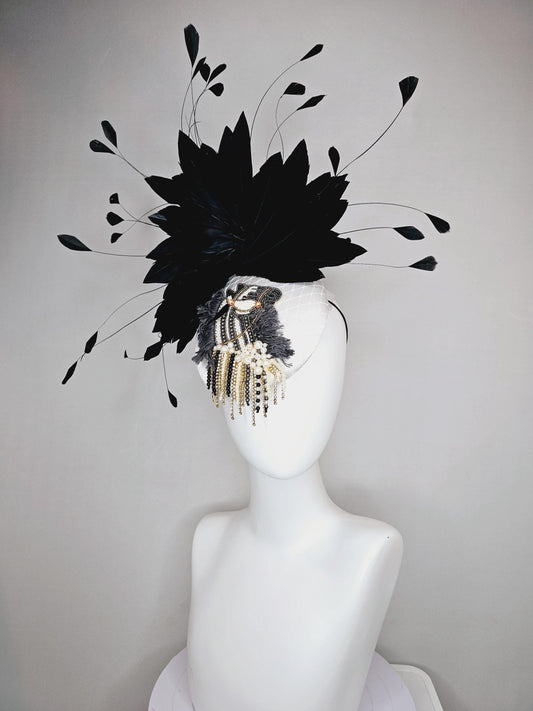 kentucky derby hat fascinator white satin with netting and black gold silver pearl crystal rhinestone beaded horse,black branching feathers