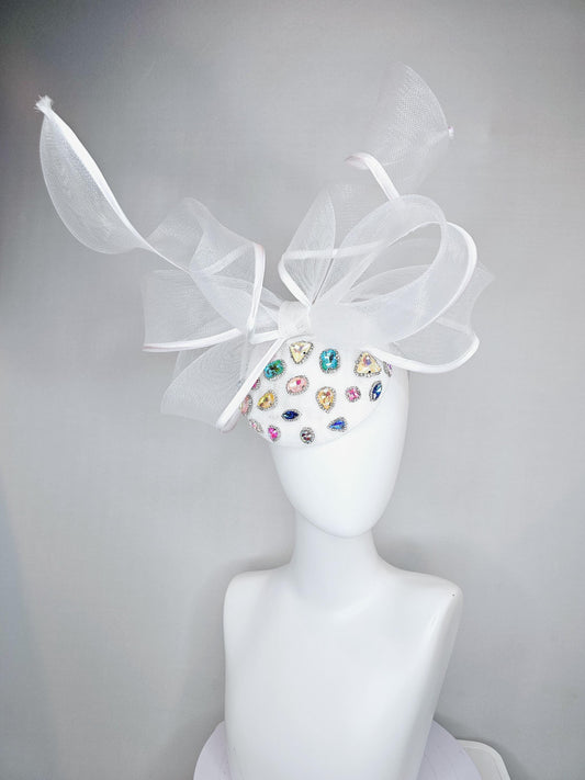 kentucky derby hat fascinator white sinamay with colorful blue pink gold crystal jewels,white mesh and wired ribbon large bendable bow decor