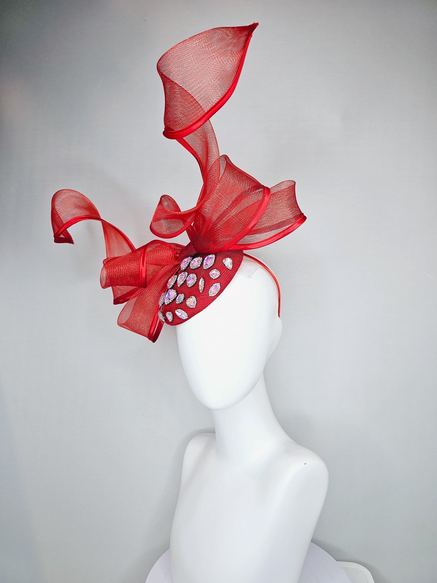 kentucky derby hat fascinator red sinamay with iridescent crystal jewels, scarlet red mesh and wired ribbon large bendable bow decor