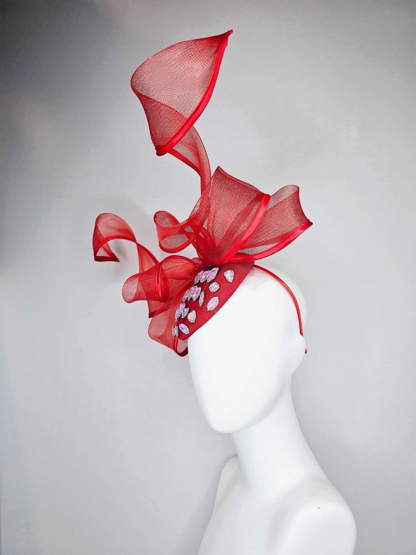 kentucky derby hat fascinator red sinamay with iridescent crystal jewels, scarlet red mesh and wired ribbon large bendable bow decor