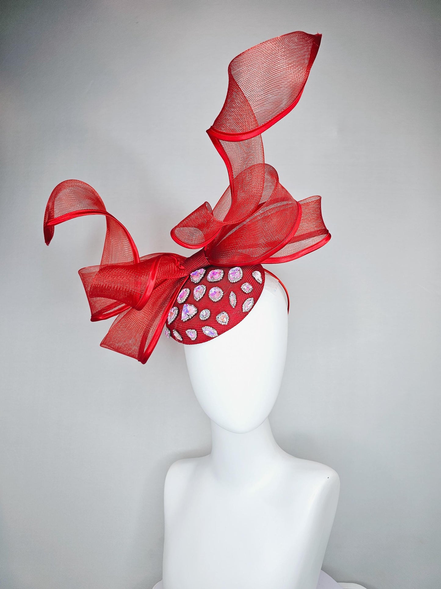 kentucky derby hat fascinator red sinamay with iridescent crystal jewels, scarlet red mesh and wired ribbon large bendable bow decor