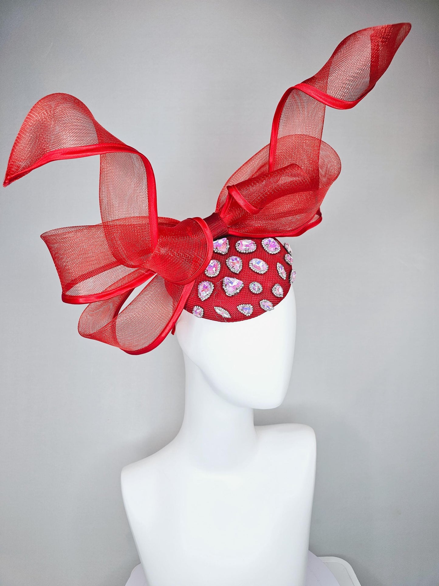 kentucky derby hat fascinator red sinamay with iridescent crystal jewels, scarlet red mesh and wired ribbon large bendable bow decor