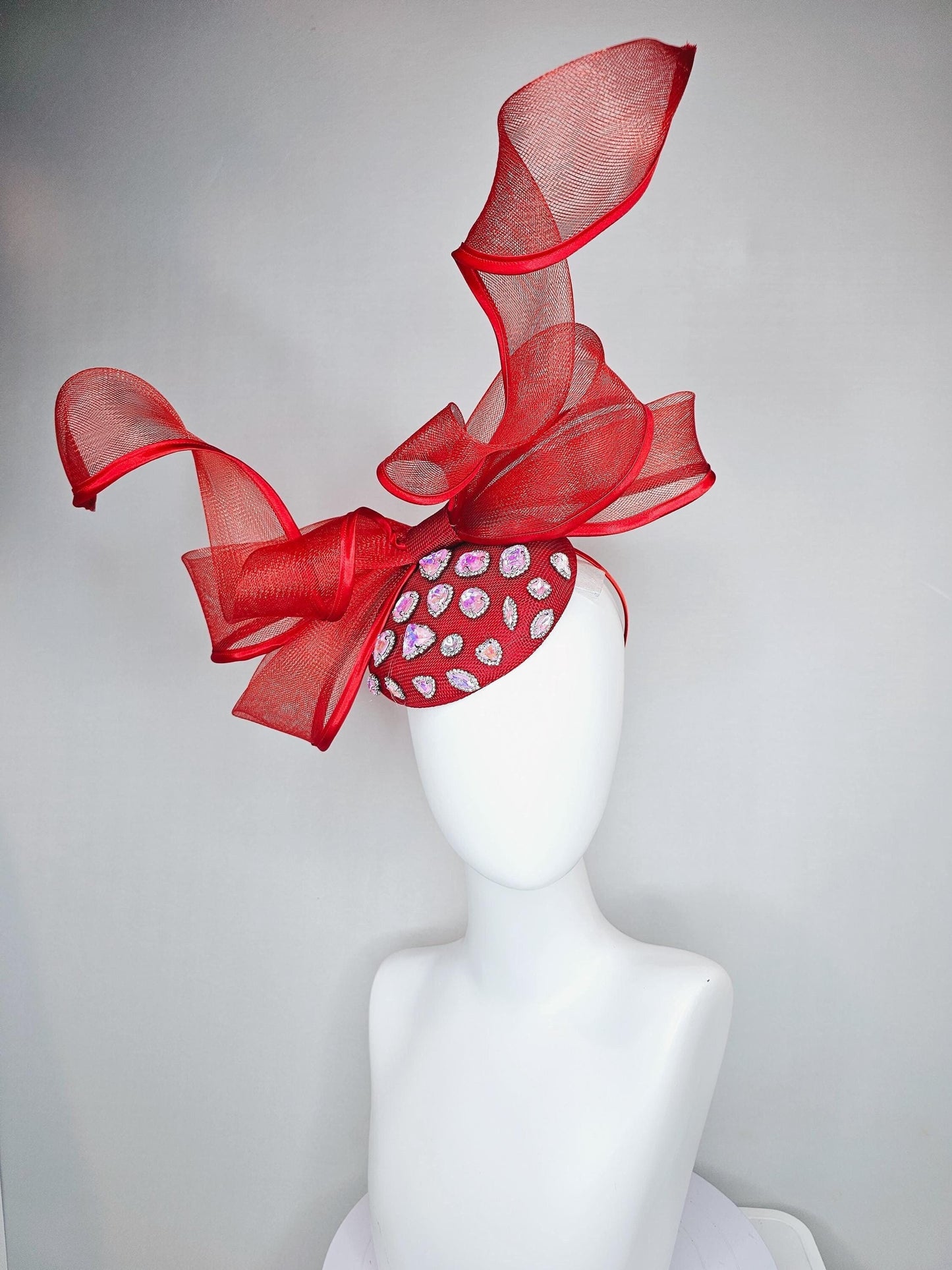 kentucky derby hat fascinator red sinamay with iridescent crystal jewels, scarlet red mesh and wired ribbon large bendable bow decor