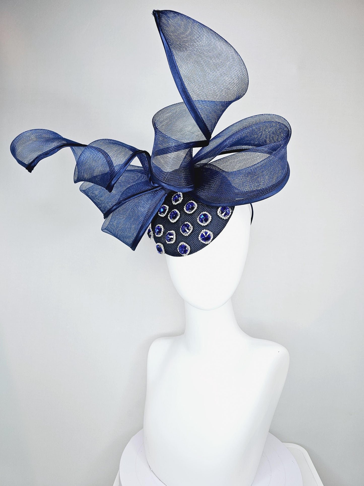 kentucky derby hat fascinator navy blue sinamay with navy blue crystal jewels, mesh and wired ribbon large bendable navy blue bow decor