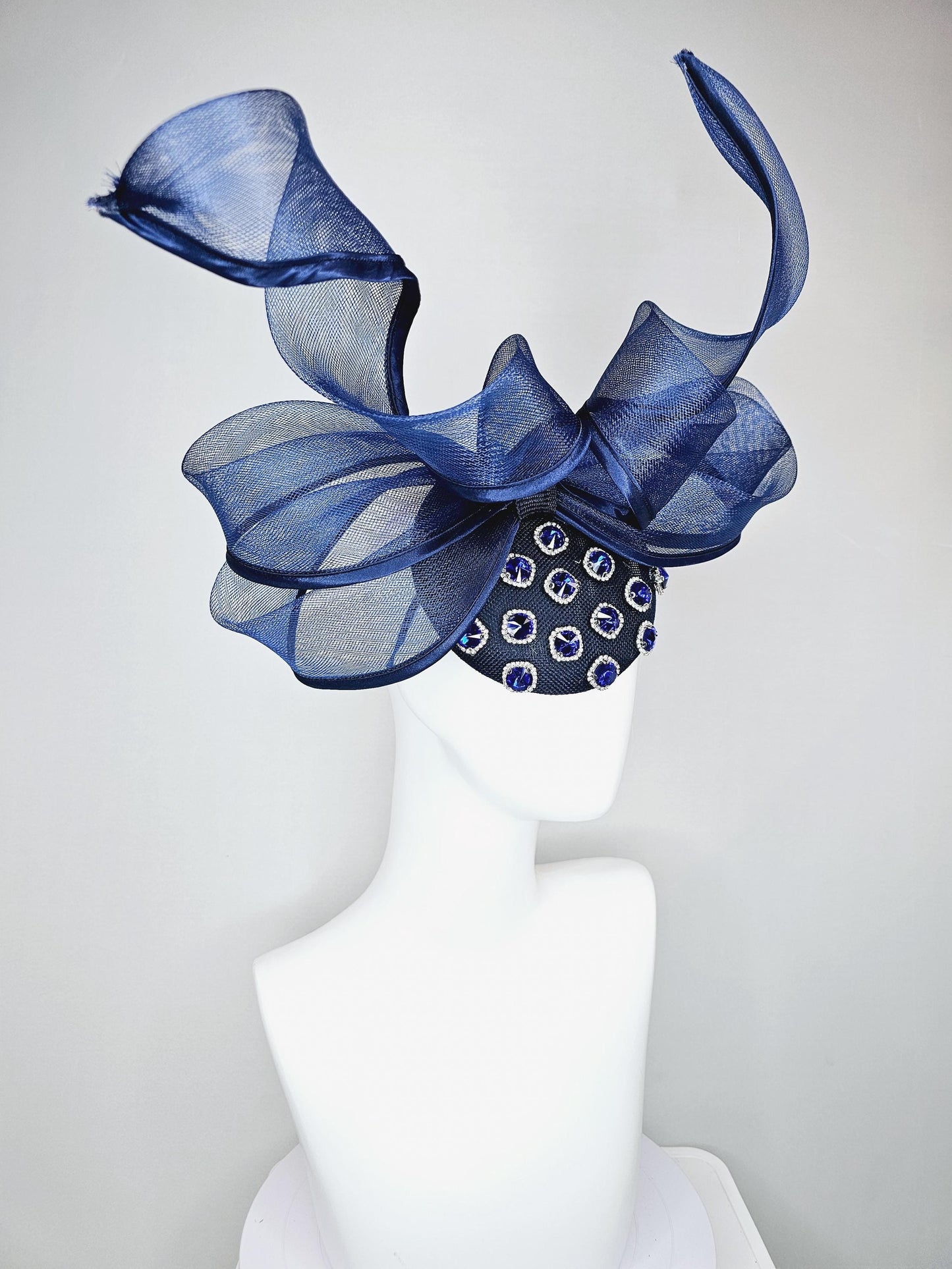 kentucky derby hat fascinator navy blue sinamay with navy blue crystal jewels, mesh and wired ribbon large bendable navy blue bow decor