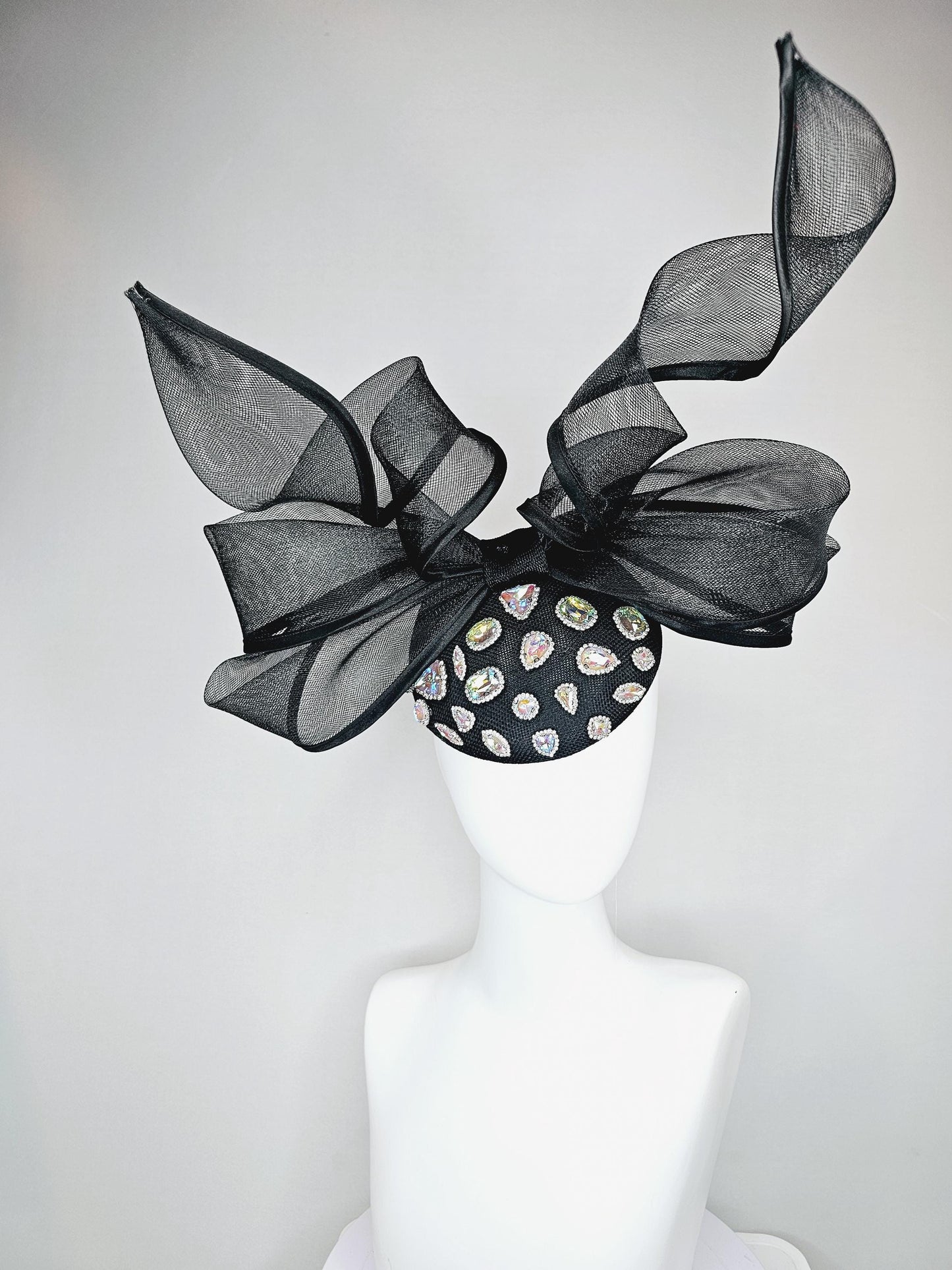 kentucky derby hat fascinator black sinamay with iridescent crystal jewels, black mesh and wired ribbon large bendable bow decor