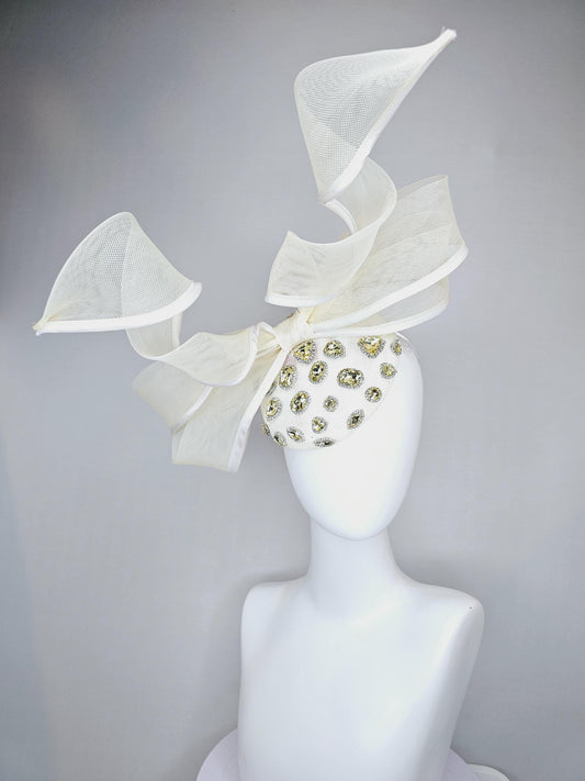 kentucky derby hat fascinator ivory white sinamay with yellow gold crystal jewels,ivory white mesh and wired ribbon large bendable bow decor