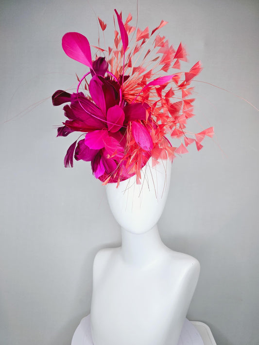 kentucky derby hat fascinator hot pink satin with netting, fluffy bright pink fuchsia, coral orange branching feathers