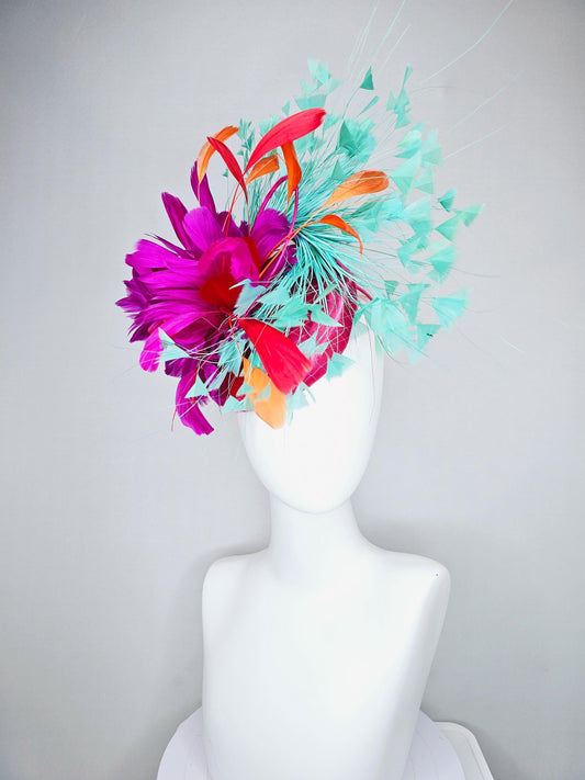 kentucky derby hat fascinator pink satin with netting and fluffy bright pink fuchsia, aqua blue green, red, orange coral branching feathers