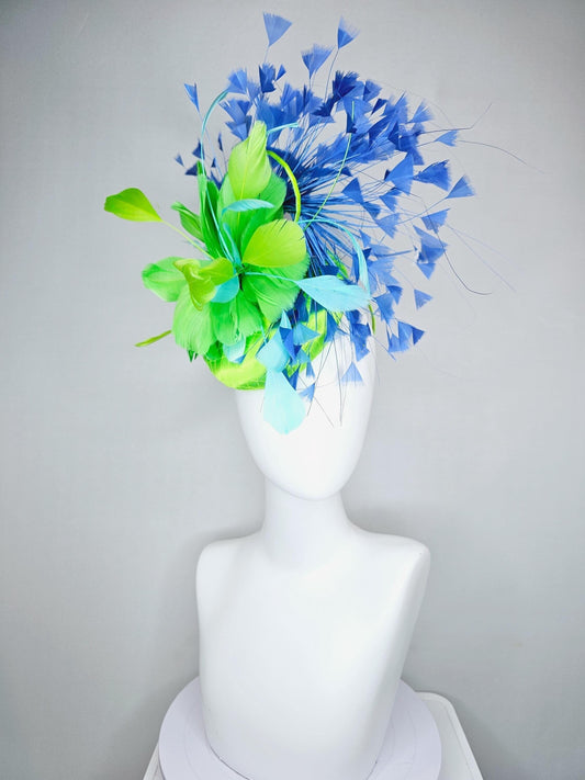 kentucky derby hat fascinator lime green satin with netting, lime green, aqua blue, cobalt blue branching feathers