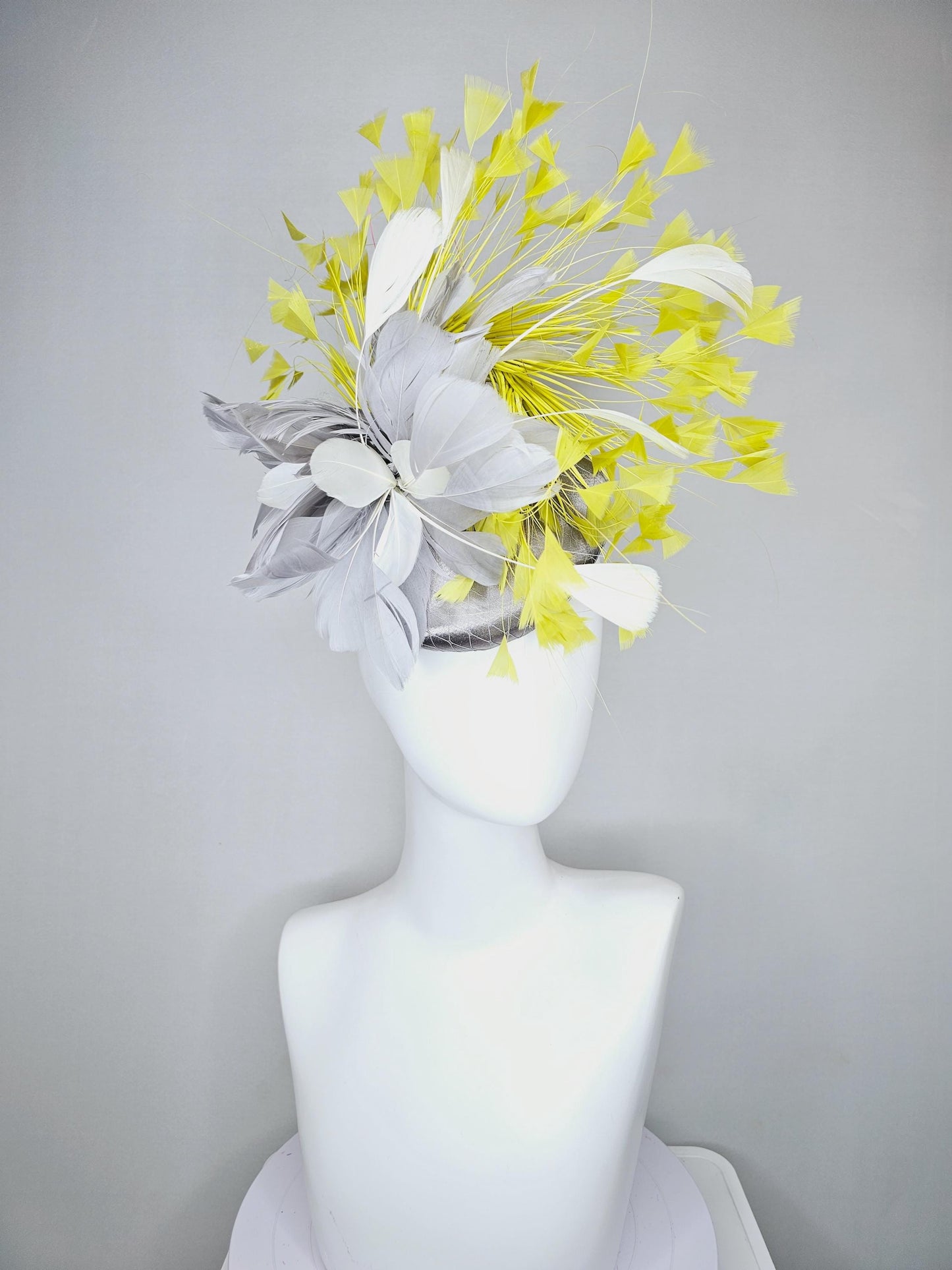 kentucky derby hat fascinator silver gray satin with netting and silver gray, mustard yellow branching feathers