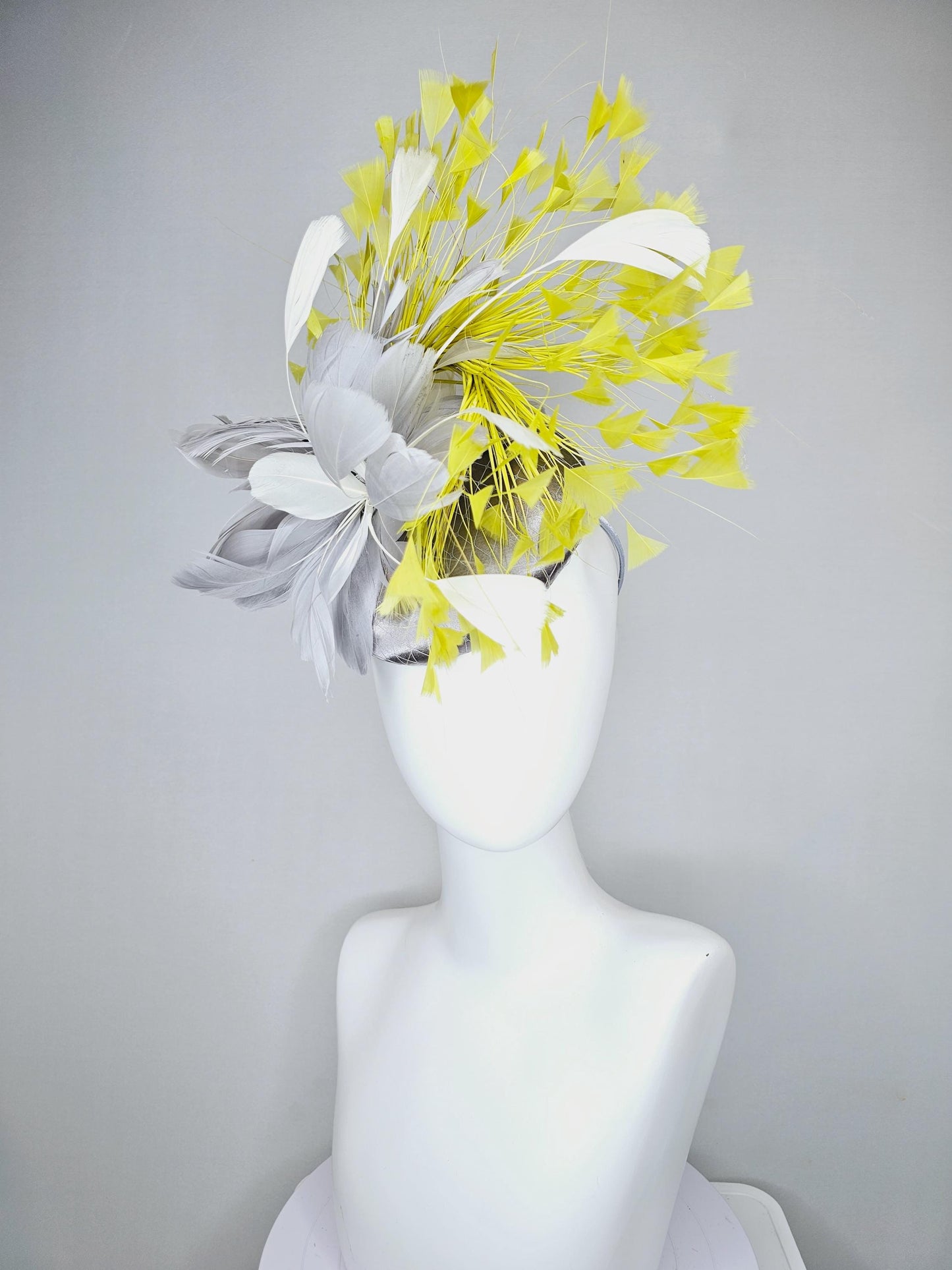 kentucky derby hat fascinator silver gray satin with netting and silver gray, mustard yellow branching feathers