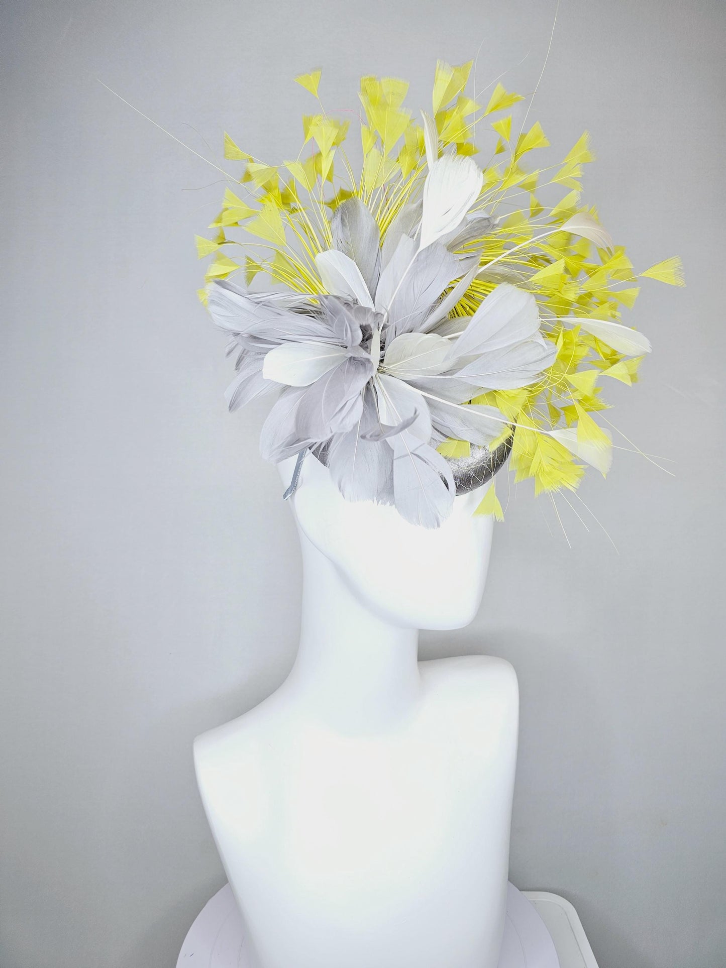 kentucky derby hat fascinator silver gray satin with netting and silver gray, mustard yellow branching feathers