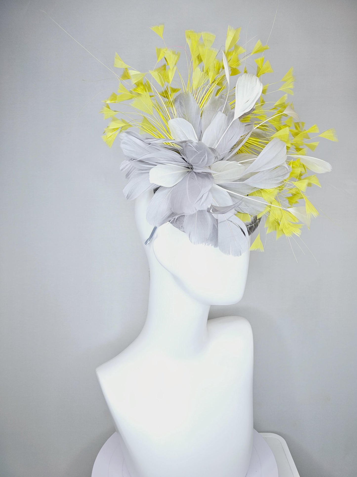 kentucky derby hat fascinator silver gray satin with netting and silver gray, mustard yellow branching feathers