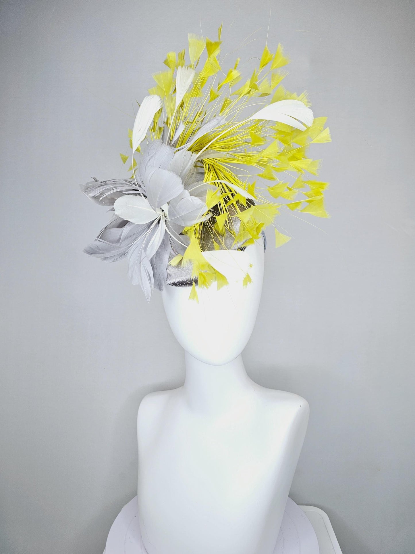 kentucky derby hat fascinator silver gray satin with netting and silver gray, mustard yellow branching feathers