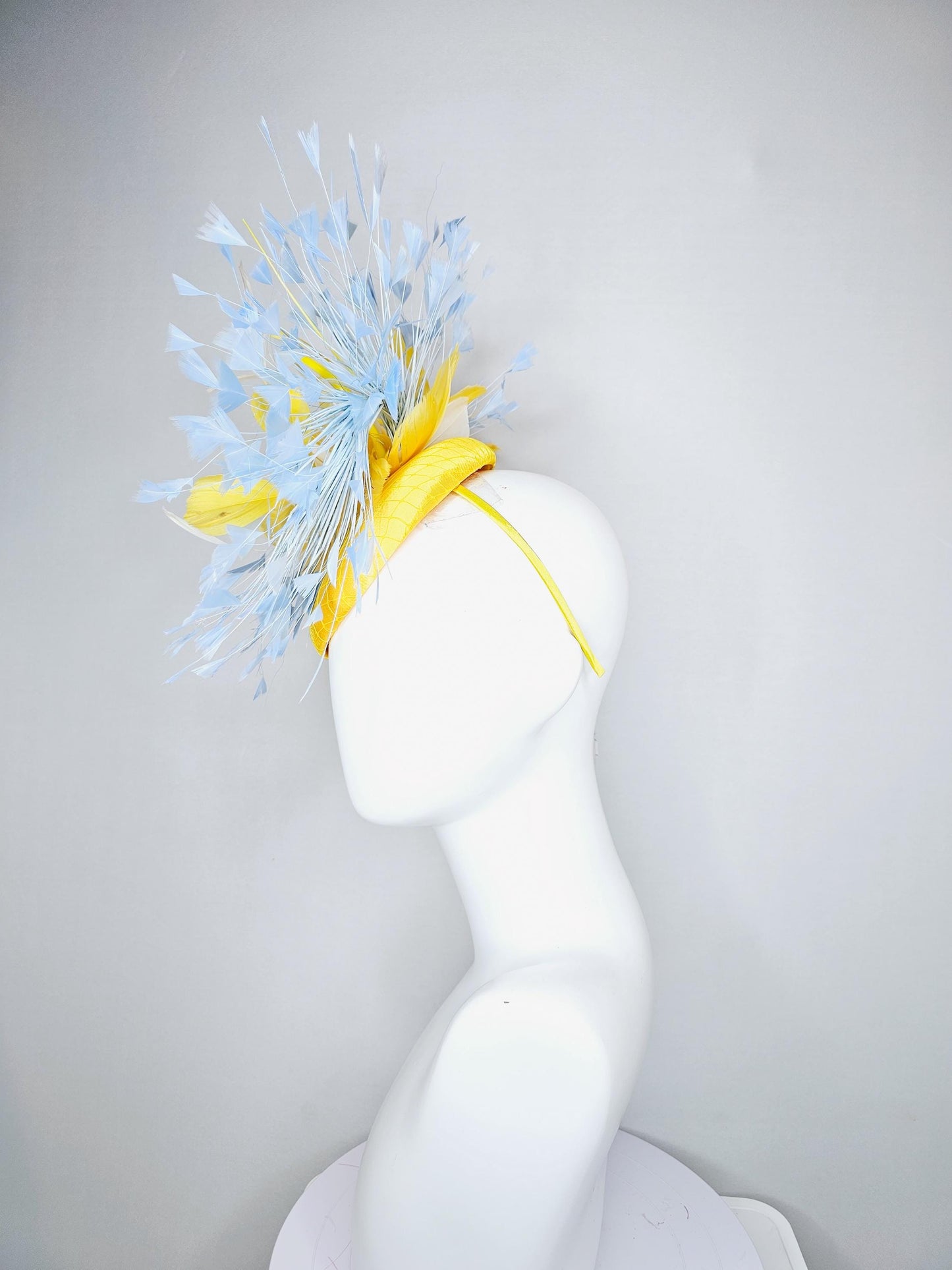 kentucky derby hat fascinator bright yellow satin with netting, bright yellow, white, light baby blue branching feathers