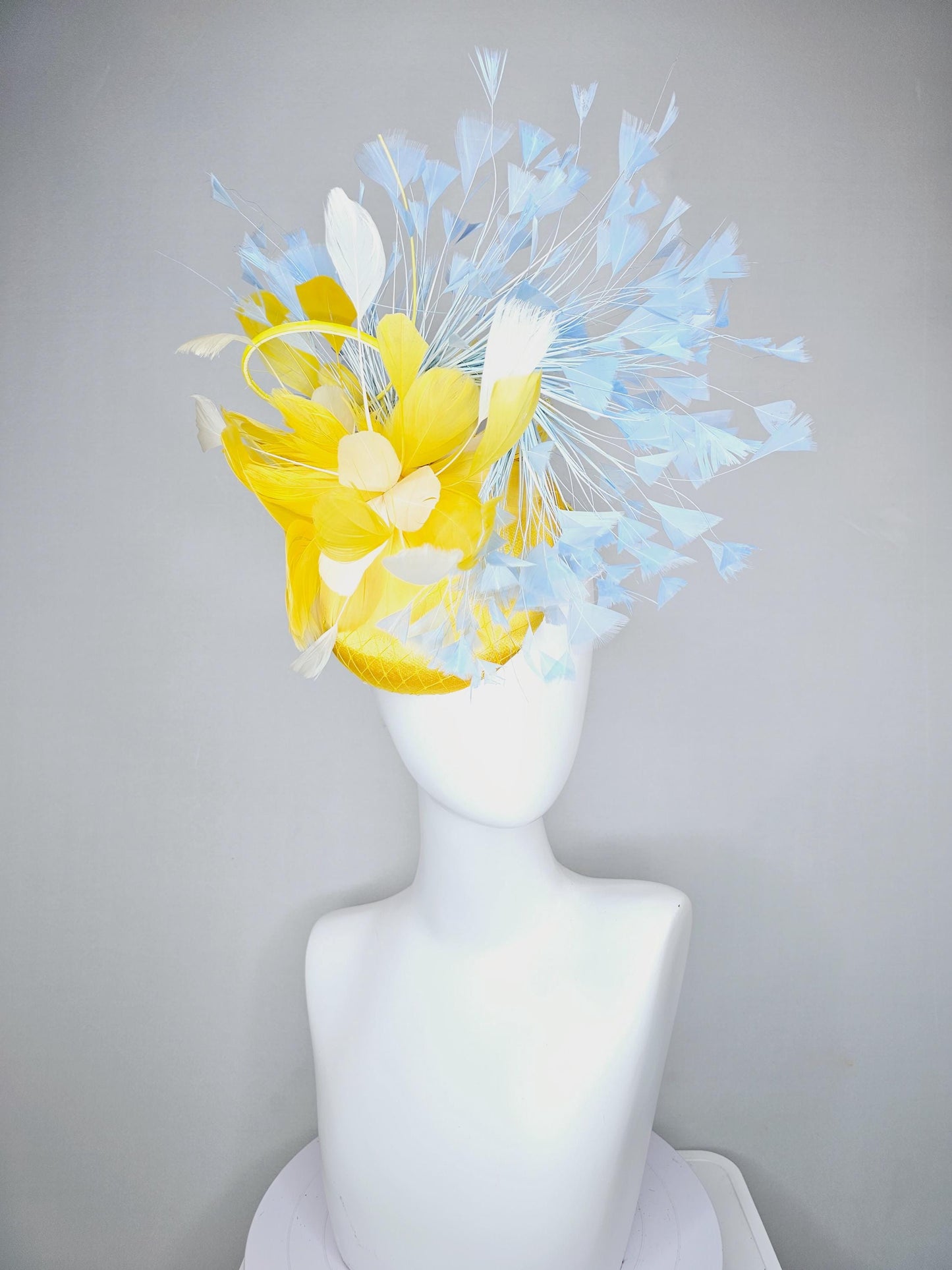 kentucky derby hat fascinator bright yellow satin with netting, bright yellow, white, light baby blue branching feathers