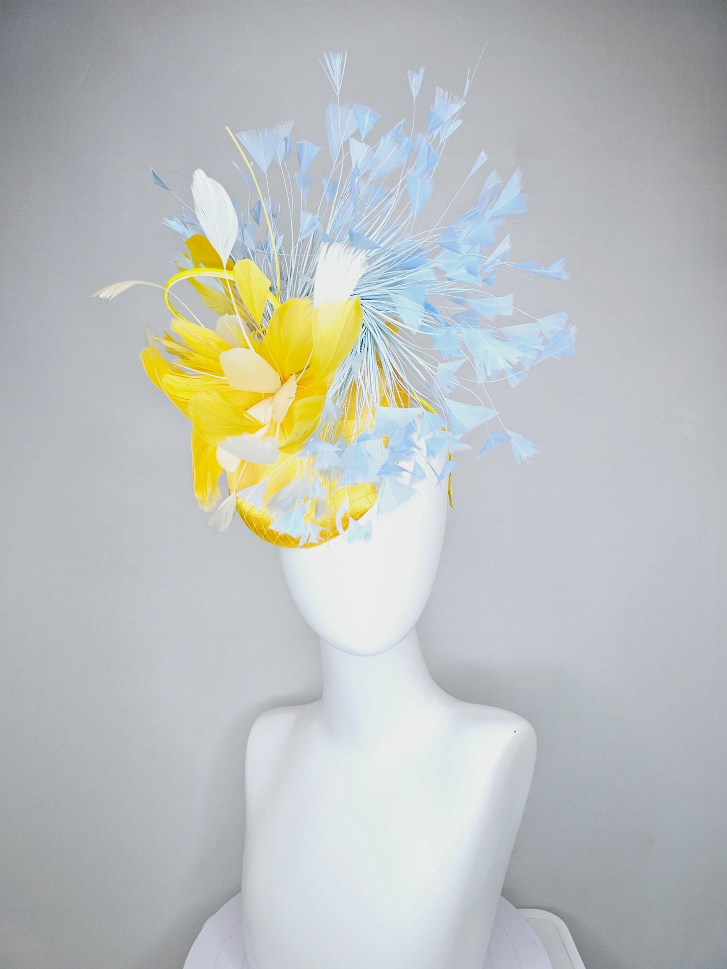 kentucky derby hat fascinator bright yellow satin with netting, bright yellow, white, light baby blue branching feathers