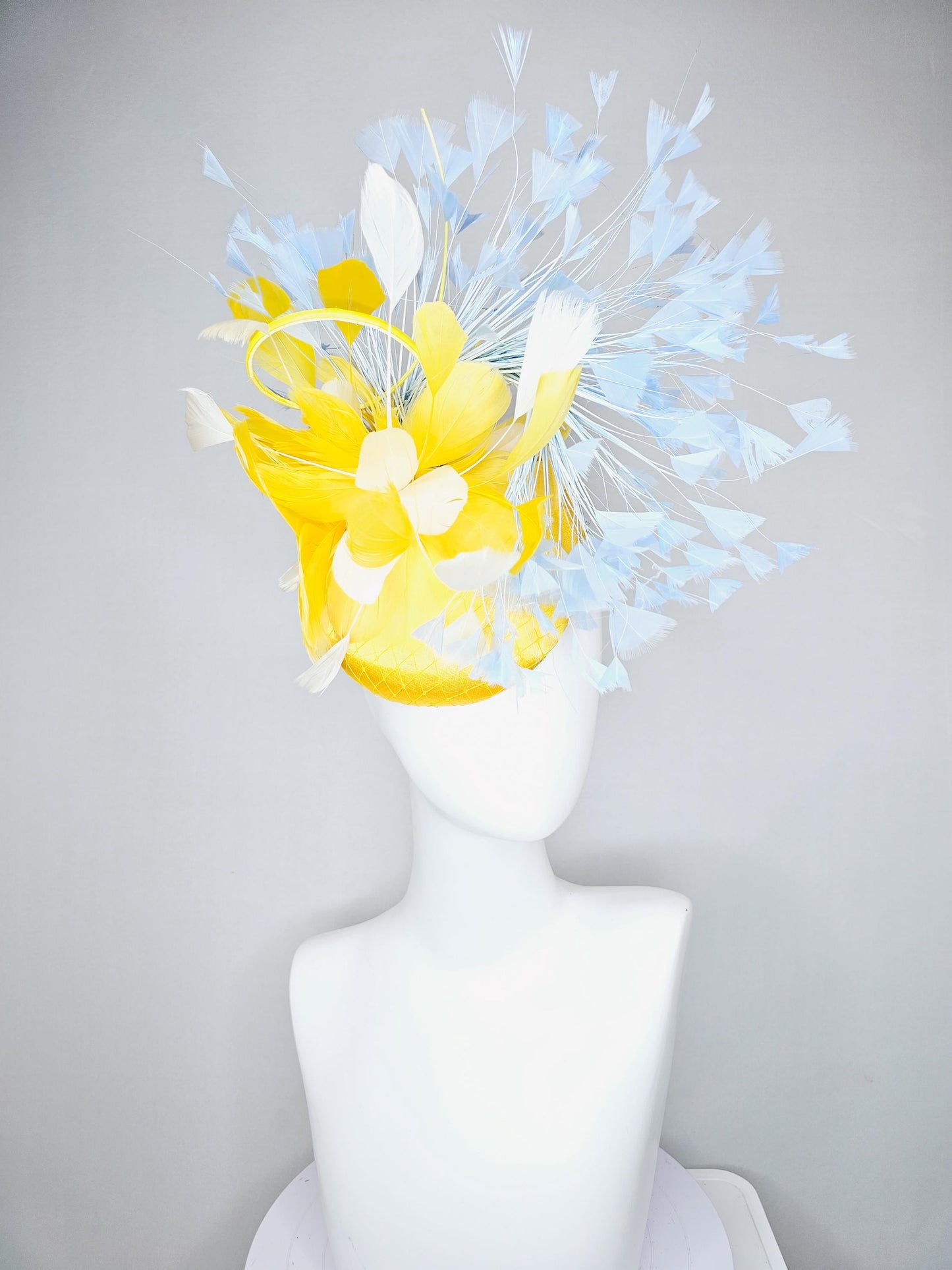 kentucky derby hat fascinator bright yellow satin with netting, bright yellow, white, light baby blue branching feathers