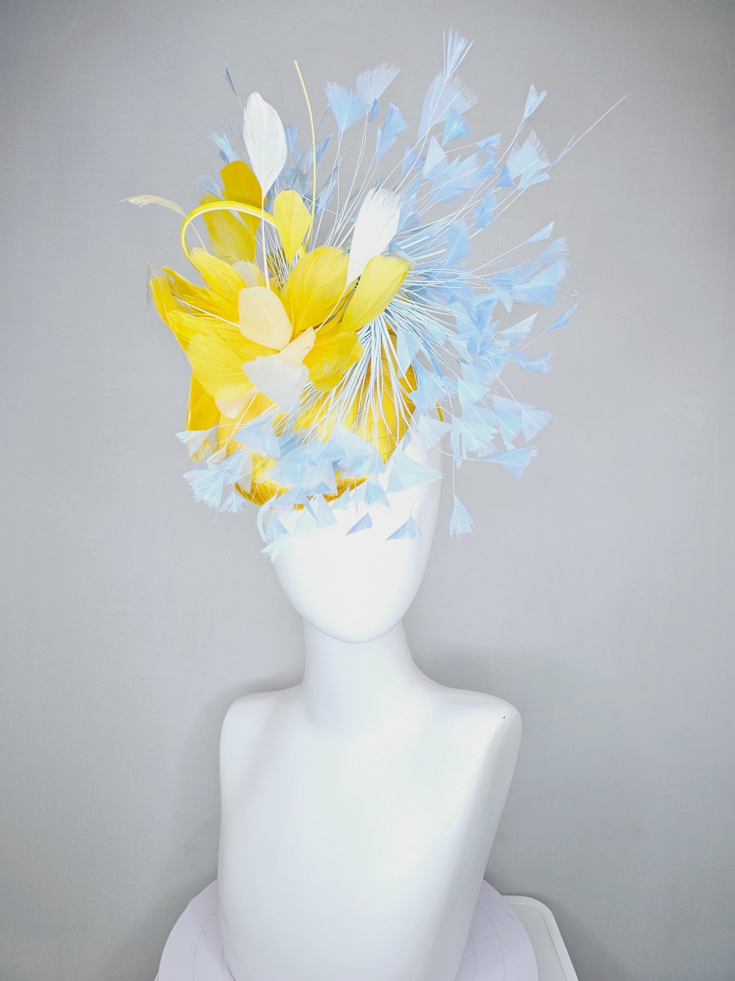 kentucky derby hat fascinator bright yellow satin with netting, bright yellow, white, light baby blue branching feathers