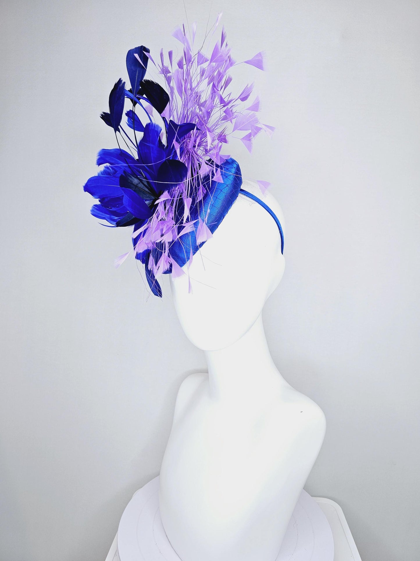 kentucky derby hat fascinator royal blue satin with netting, fluffy royal blue, navy blue, lavender purple branching feathers