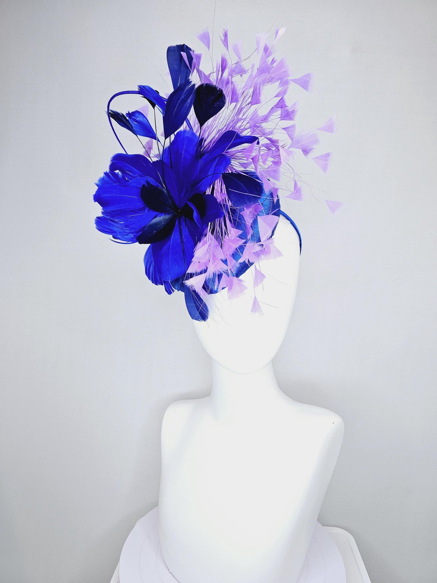 kentucky derby hat fascinator royal blue satin with netting, fluffy royal blue, navy blue, lavender purple branching feathers