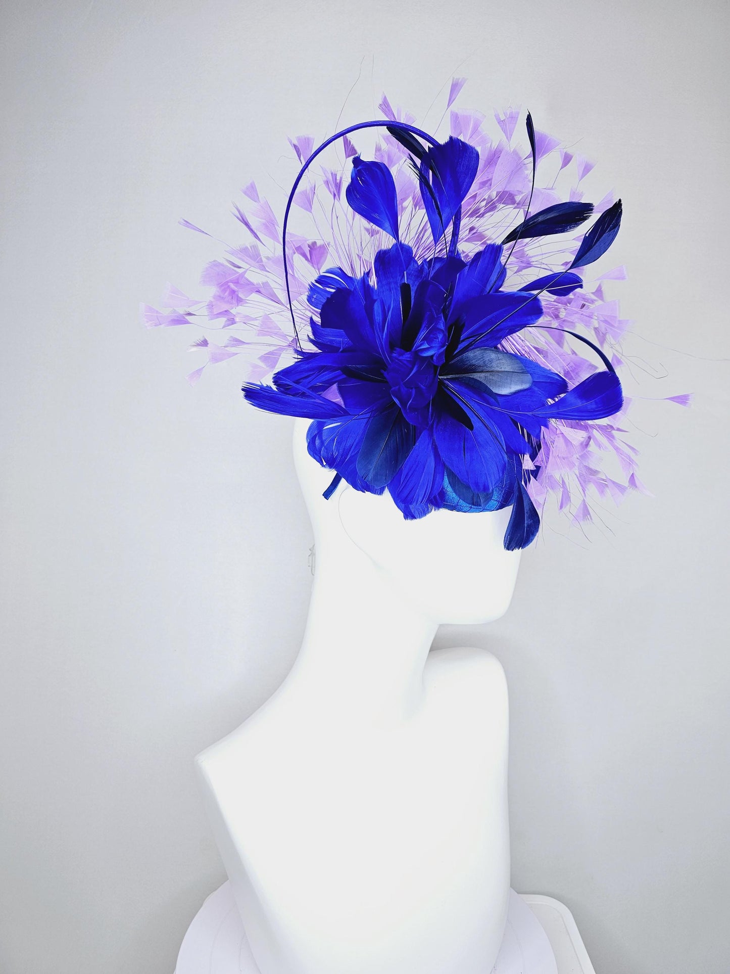 kentucky derby hat fascinator royal blue satin with netting, fluffy royal blue, navy blue, lavender purple branching feathers