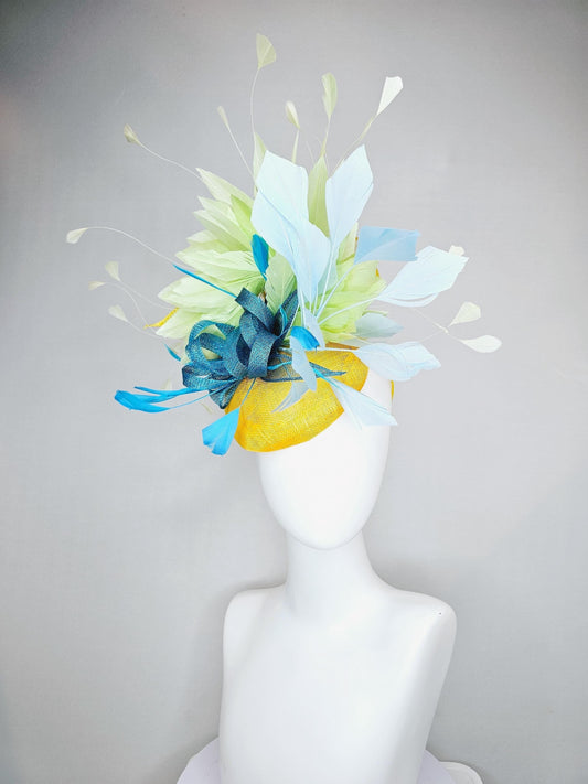 kentucky derby hat fascinator bright yellow sinamay with blue sinamay bow and blue feathers, light blue and light yellow branching feathers