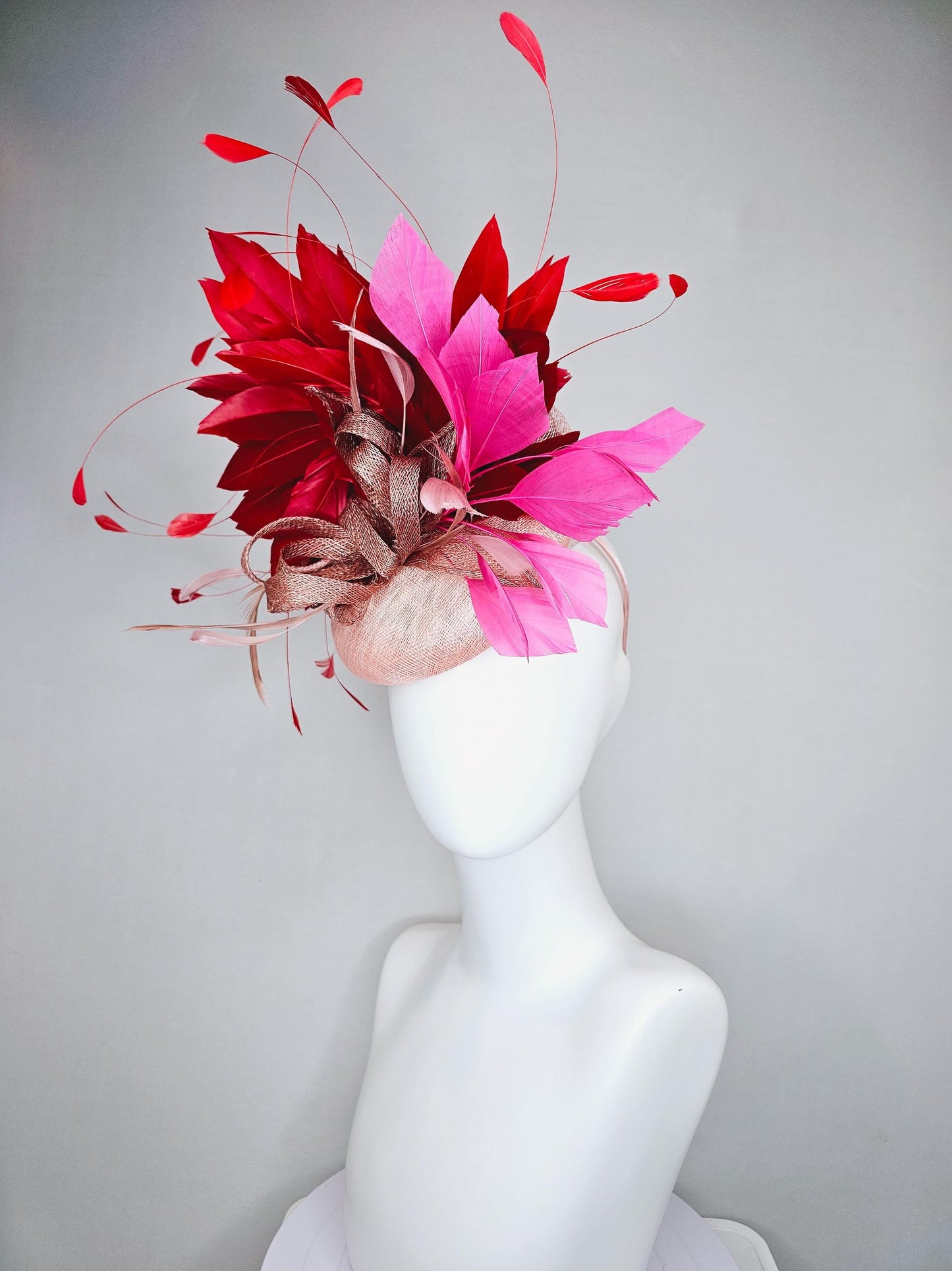 kentucky derby hat fascinator light pink sinamay with dusty pink sinamay bow and dusty pink feathers,pink and scarlet red branching feathers