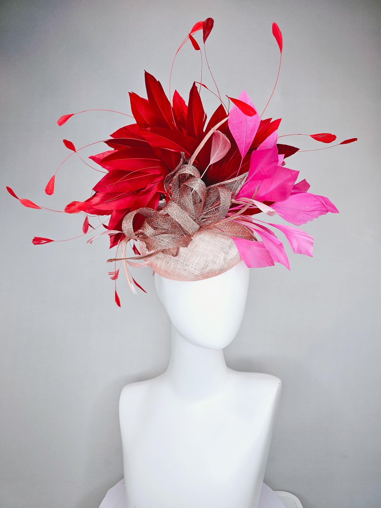 kentucky derby hat fascinator light pink sinamay with dusty pink sinamay bow and dusty pink feathers,pink and scarlet red branching feathers