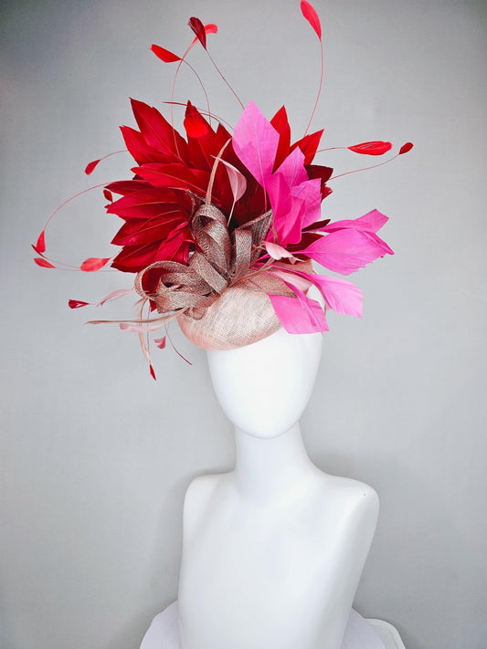 kentucky derby hat fascinator light pink sinamay with dusty pink sinamay bow and dusty pink feathers,pink and scarlet red branching feathers