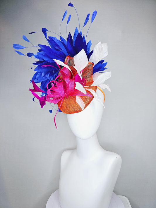 kentucky derby hat fascinator orange sinamay with pink and orange sinamay bow and pink feathers, white and royal blue branching feathers