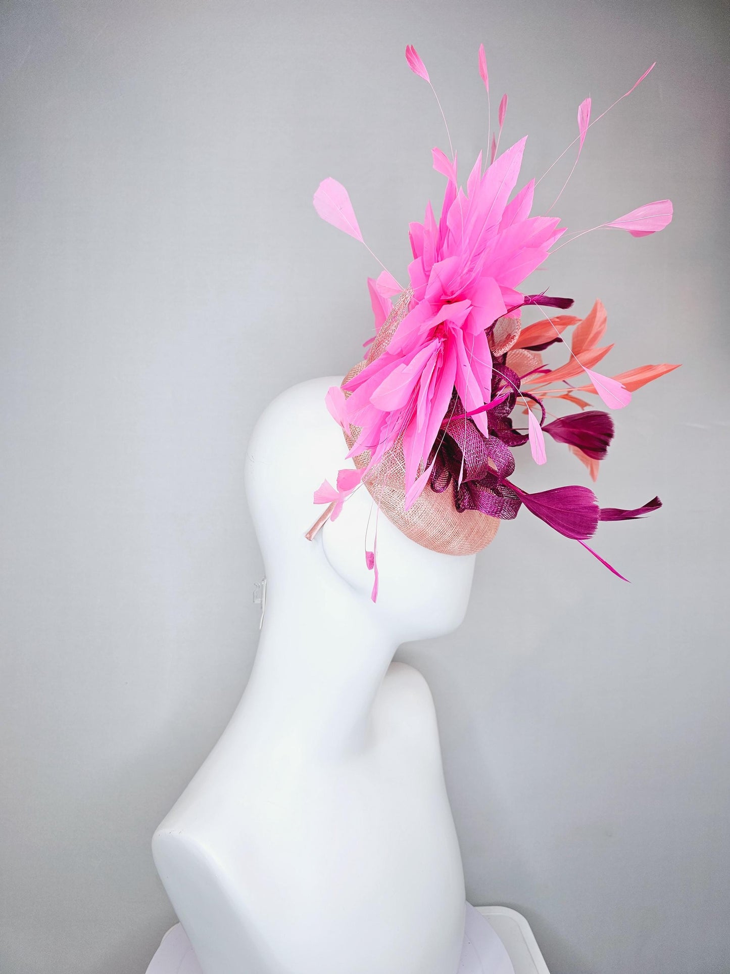 kentucky derby hat fascinator light pink sinamay w/ magenta purple sinamay bow and feathers, blush pink and coral orange branching feathers