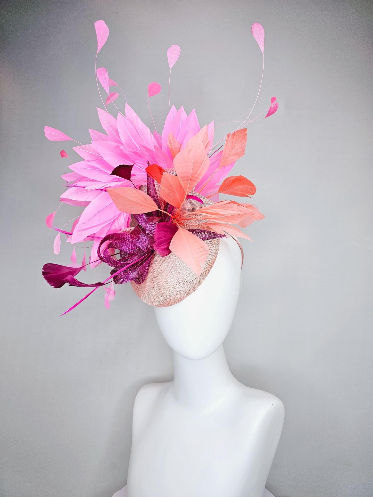 kentucky derby hat fascinator light pink sinamay w/ magenta purple sinamay bow and feathers, blush pink and coral orange branching feathers