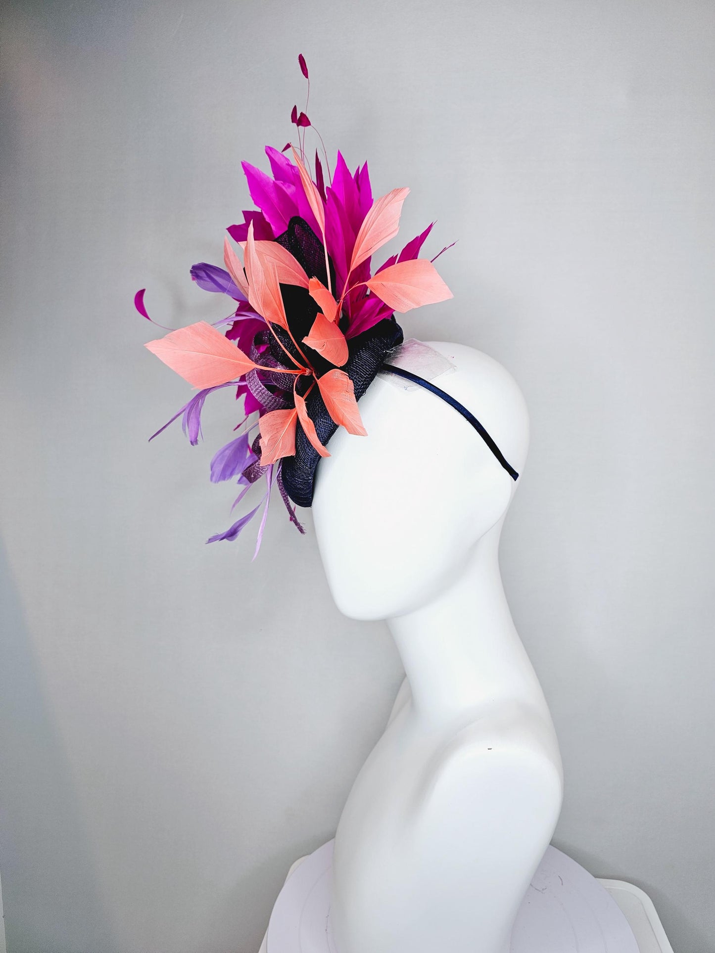 kentucky derby hat fascinator navy blue sinamay w/ lavender purple sinamay bow and feathers,coral orange and fuchsia pink branching feathers