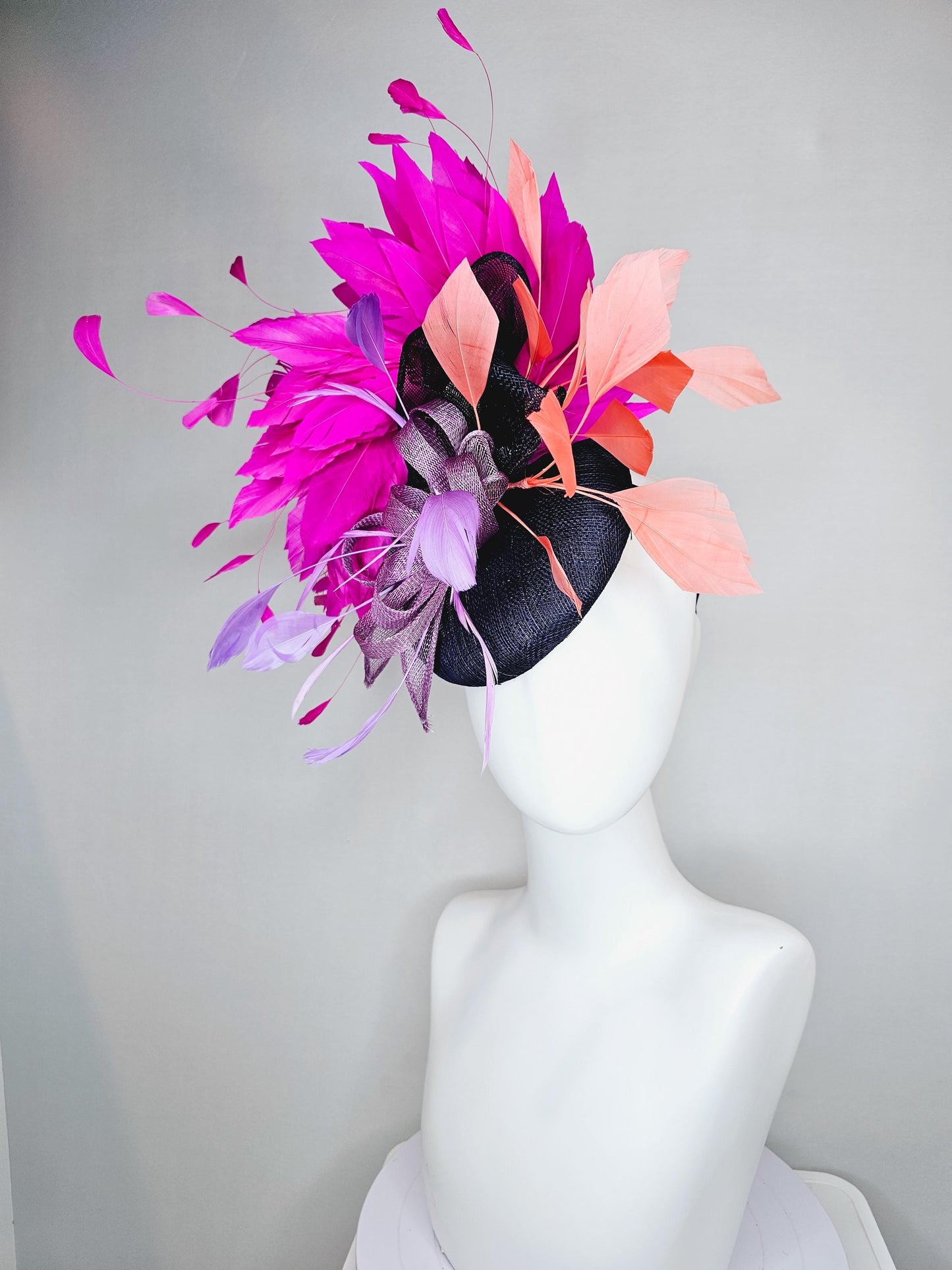 kentucky derby hat fascinator navy blue sinamay w/ lavender purple sinamay bow and feathers,coral orange and fuchsia pink branching feathers