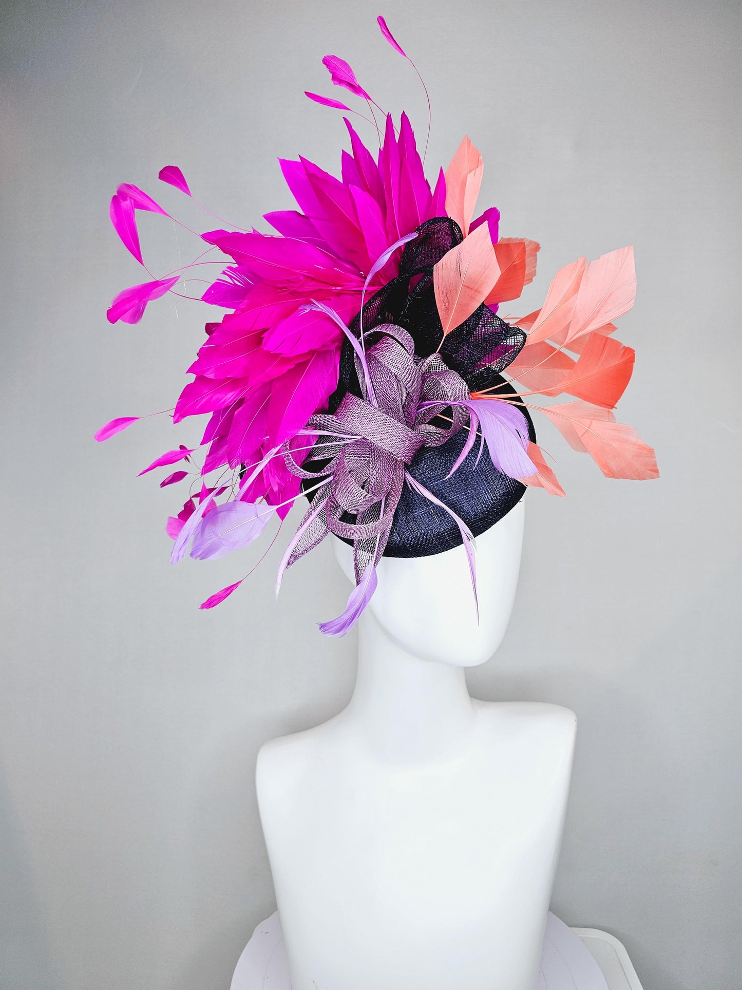 kentucky derby hat fascinator navy blue sinamay w/ lavender purple sinamay bow and feathers,coral orange and fuchsia pink branching feathers