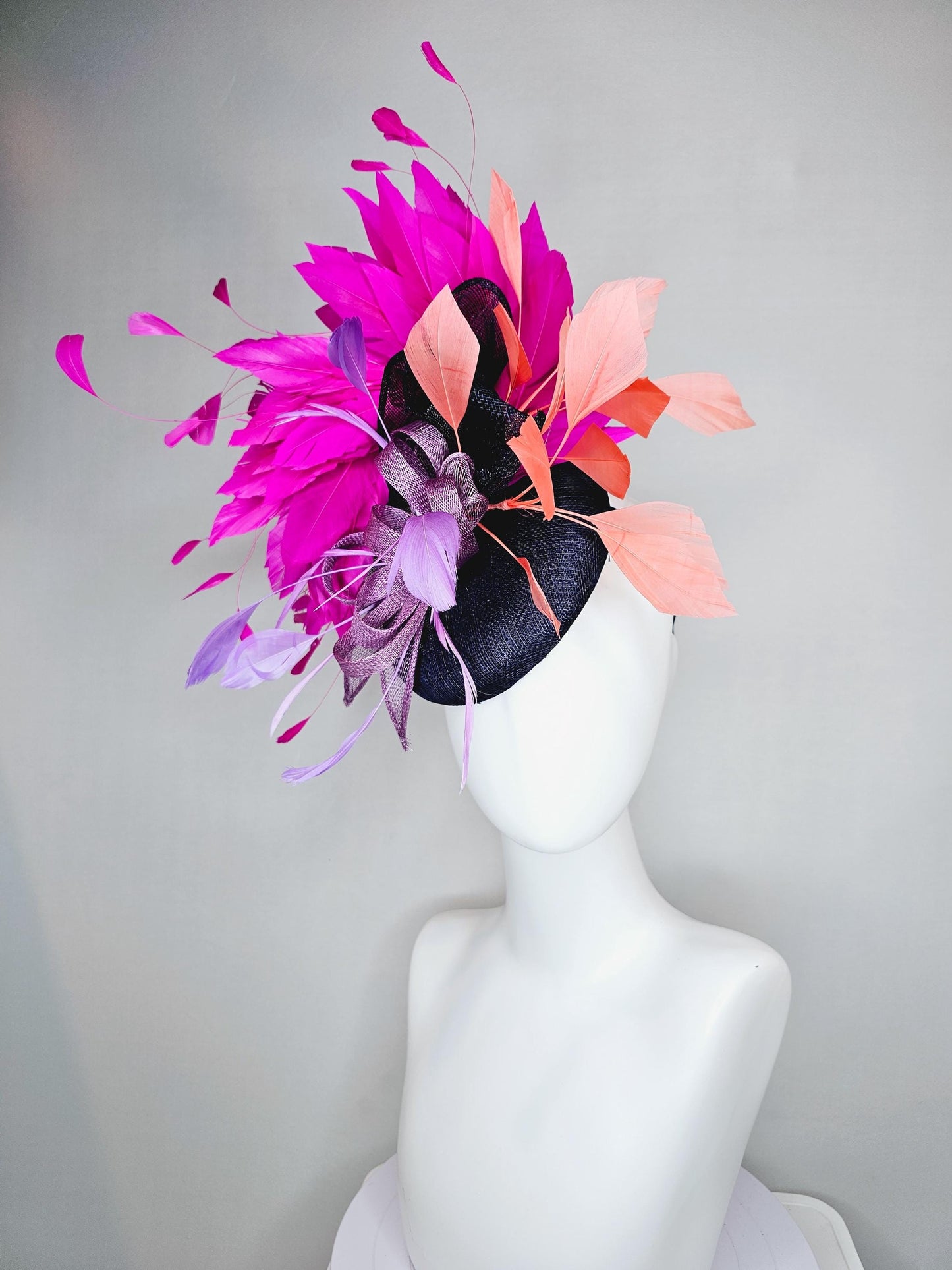 kentucky derby hat fascinator navy blue sinamay w/ lavender purple sinamay bow and feathers,coral orange and fuchsia pink branching feathers