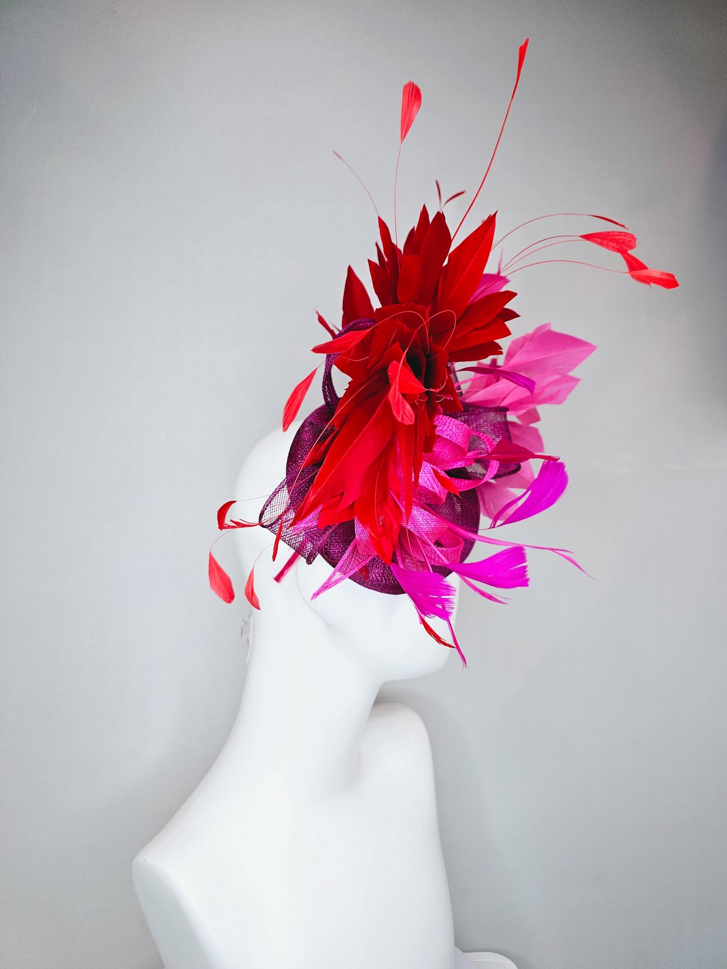 kentucky derby hat fascinator magenta purple sinamay with magenta and fuchsia pink sinamay bows, pink and scarlet red branching feathers