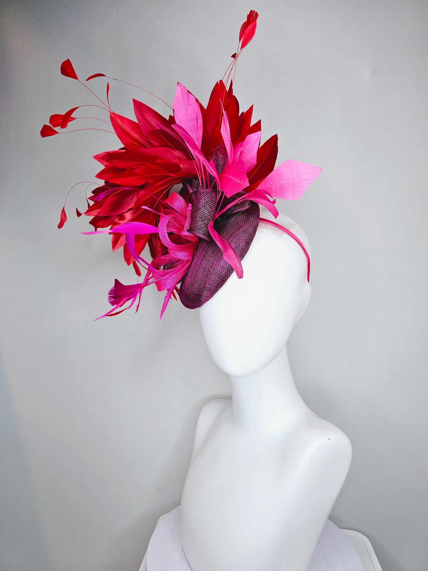 kentucky derby hat fascinator magenta purple sinamay with magenta and fuchsia pink sinamay bows, pink and scarlet red branching feathers